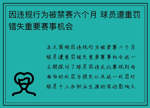 因违规行为被禁赛六个月 球员遭重罚错失重要赛事机会