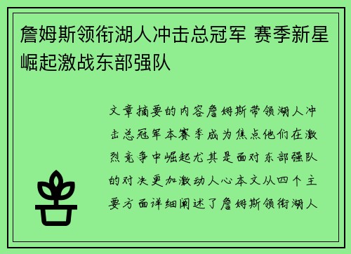 詹姆斯领衔湖人冲击总冠军 赛季新星崛起激战东部强队